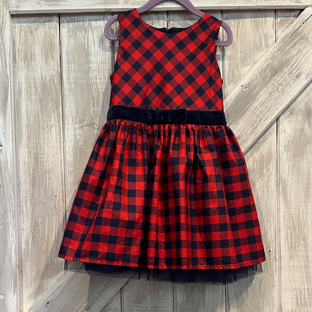 Red and Navy Blue Plaid Velvet Waist Girls Dress